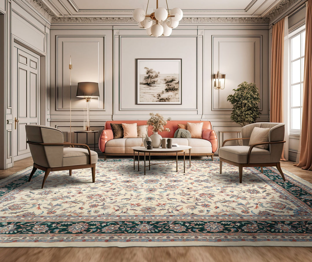 12x15 Cream, Emerald, Blush Color Hand Knotted Kashan Wool Traditional Oriental Rug