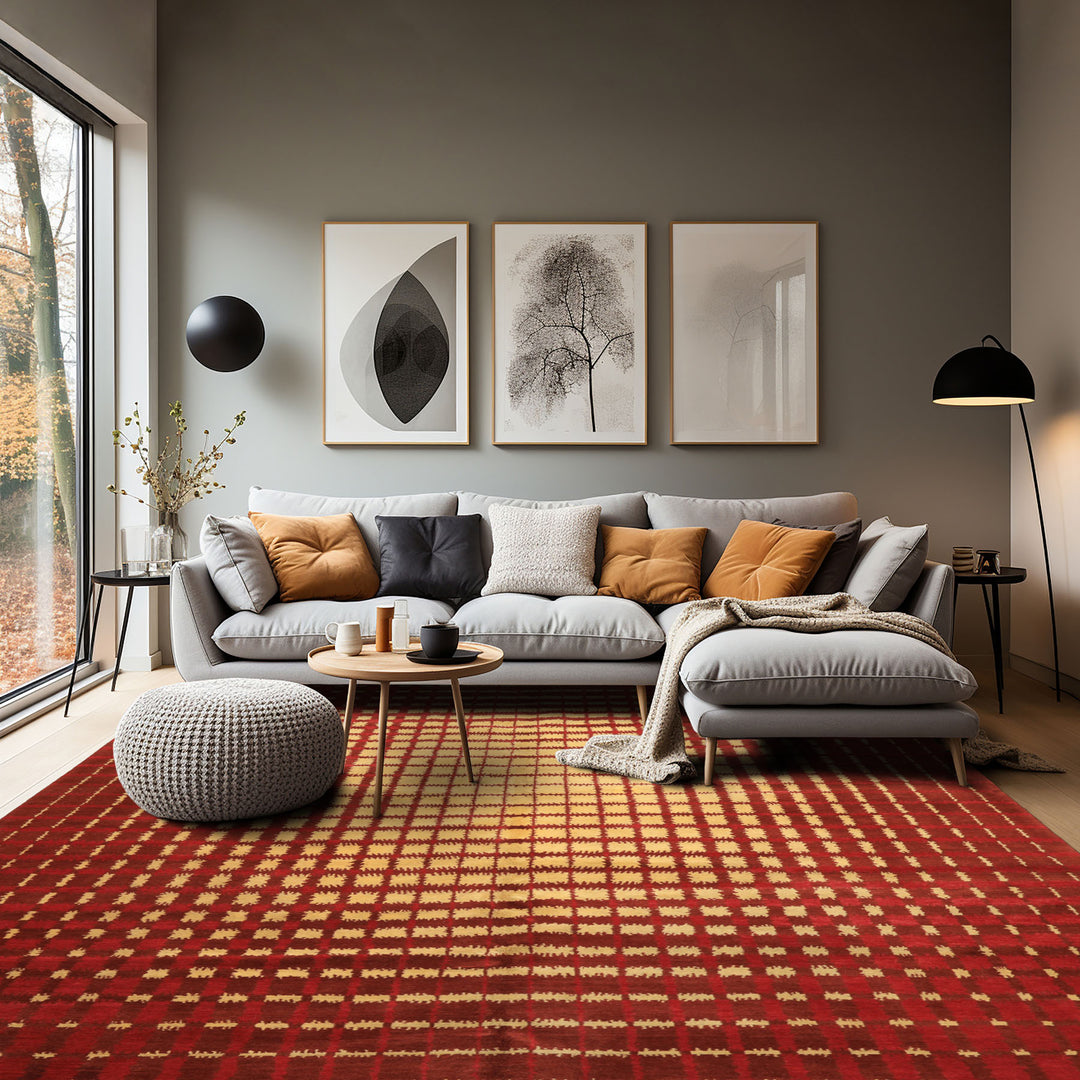 8x10 Gold, Rosy-Red, Brown Color Hand Knotted Tibetan Wool Modern & Contemporary Oriental Rug