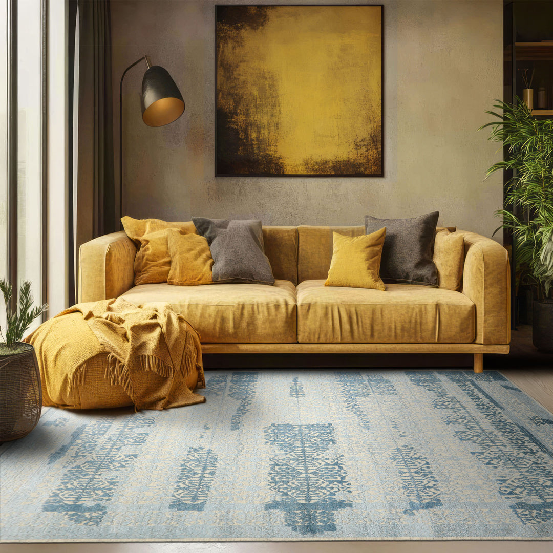 9x12 Blue, Ivory, Color Hand Knotted Oushak Wool & Bamboo Silk Transitional Oriental Rug