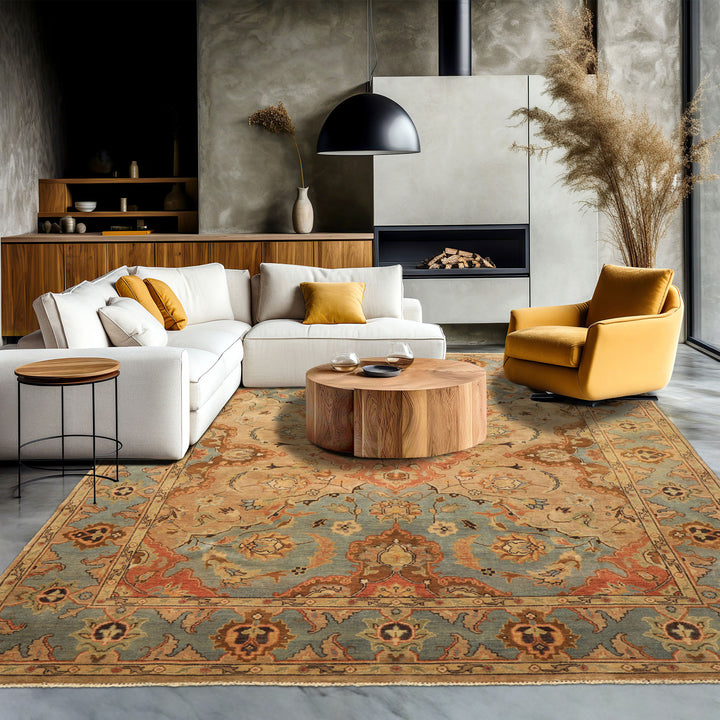 8x10 Tan, Aqua, Beige Color Hand Knotted Oushak Wool Traditional/ Floral Oriental Rug