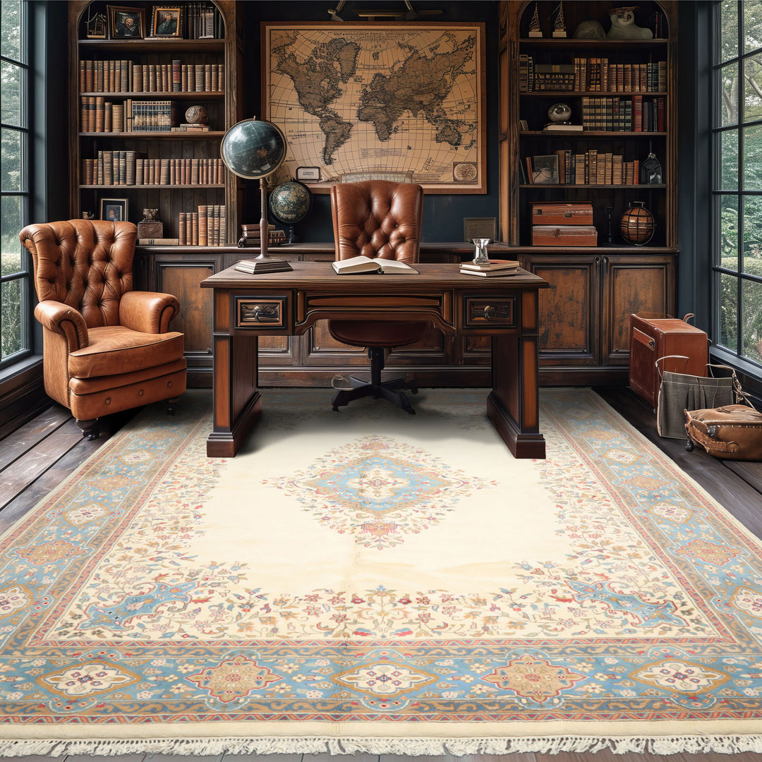 9x12 Ivory, Aqua, Tan Color Hand Knotted Kerman Wool Traditional/ Medallion Oriental Rug