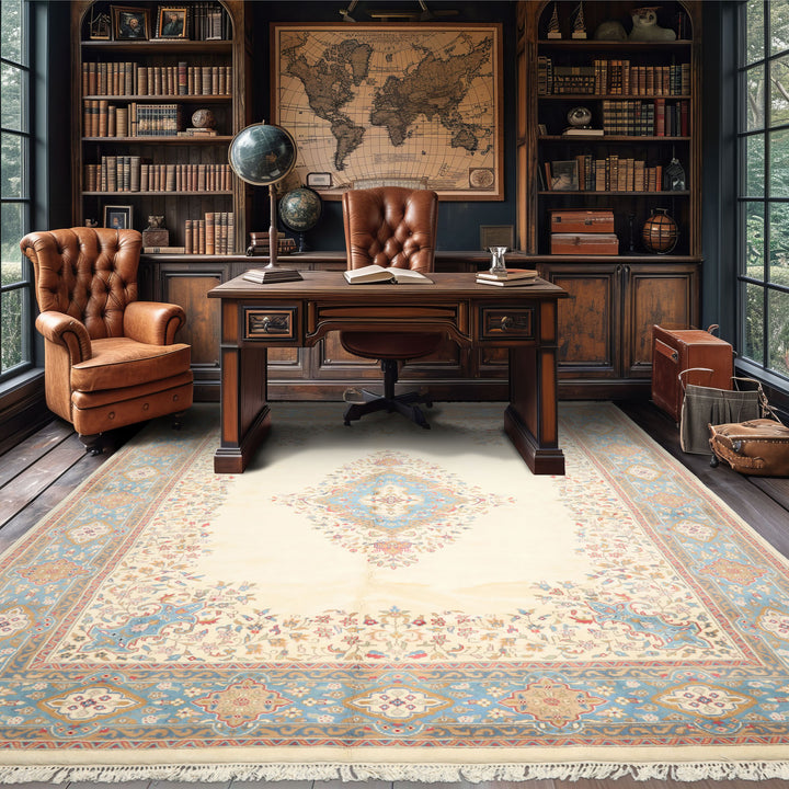 9x12 Ivory, Aqua, Tan Color Hand Knotted Kerman Wool Traditional/ Medallion Oriental Rug