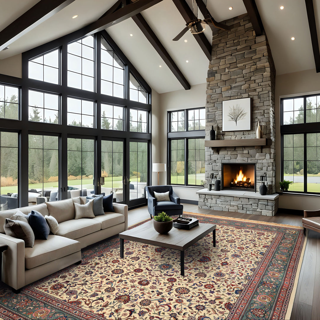 9x12 Ivory, Aqua, Rose Color Hand Knotted Kashan Wool Traditional/ Medallion Oriental Rug