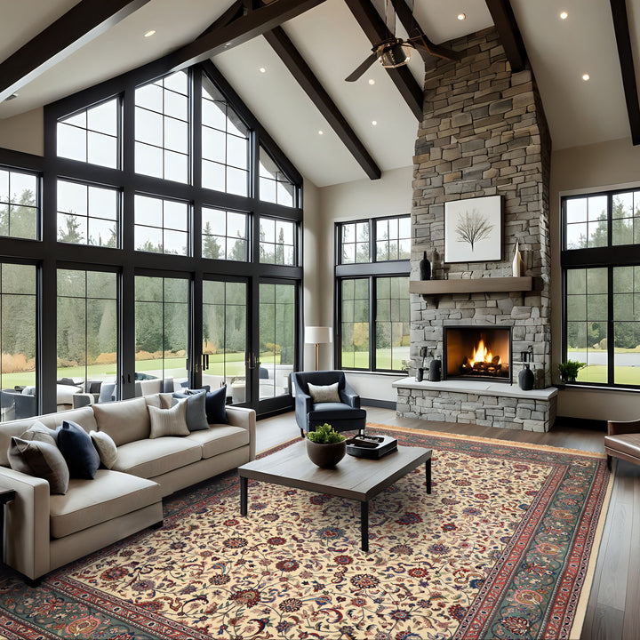 9x12 Ivory, Aqua, Rose Color Hand Knotted Kashan Wool Traditional/ Medallion Oriental Rug