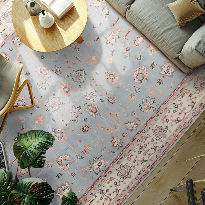 8x10 Baby Blue, Ivory, Pink Color Hand Knotted Kashan Wool Traditional/ Botanical Oriental Rug