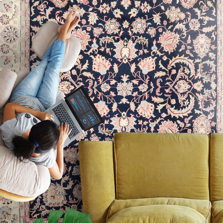 8x10 Midnight Blue, Ivory, Blush Color Hand Knotted Tabriz Wool Traditional Oriental Rug