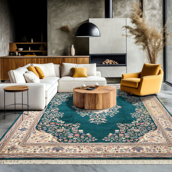 7x9 Emerald, Green, Ivory Color Hand Knotted Tabriz Wool Traditional Oriental Rug