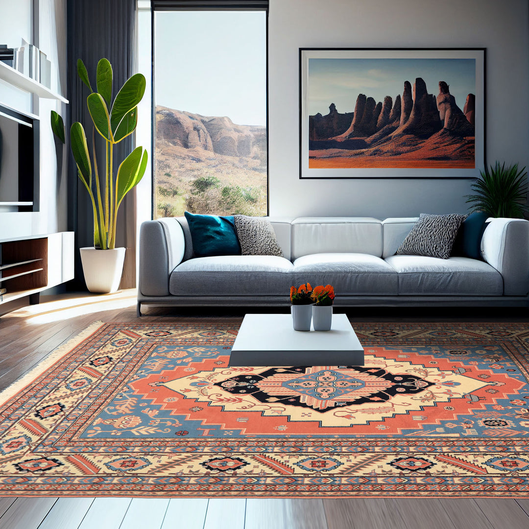 8x10 Salmon, Ivory, Blush Color Hand Knotted Heriz Wool Traditional/ Medallion Oriental Rug