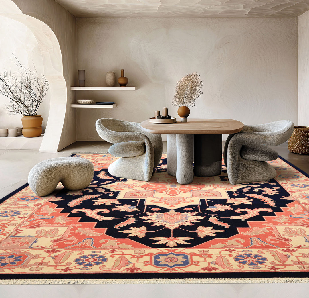 9x12 Navy, Ivory, Salmon Color Hand Knotted Heriz Wool Traditional/ Medallion Oriental Rug