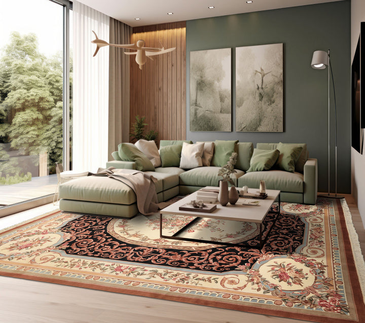 9x12 Ivory, Black, Tan Color Hand Knotted Aubusson Savonnerrie Wool Traditional/ Floral Oriental Rug