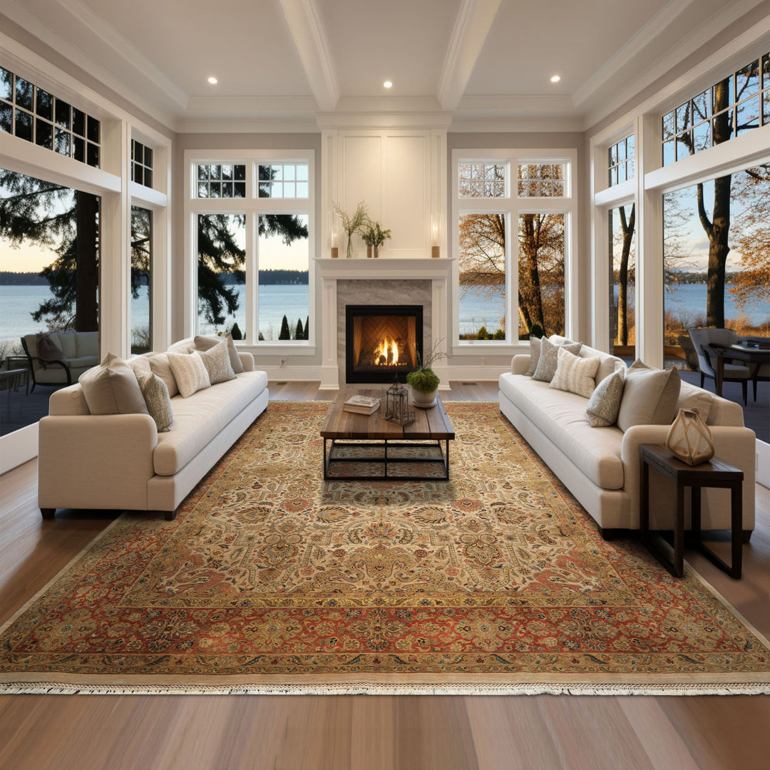 12x15 Beige, Burnt Orange, Lime Color Hand Knotted Agra Wool Traditional Oriental Rug