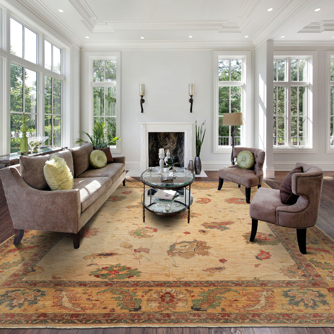 9x12 Beige, Gold, Aqua Color Hand Knotted Oushak Wool Arts & Crafts Oriental Rug