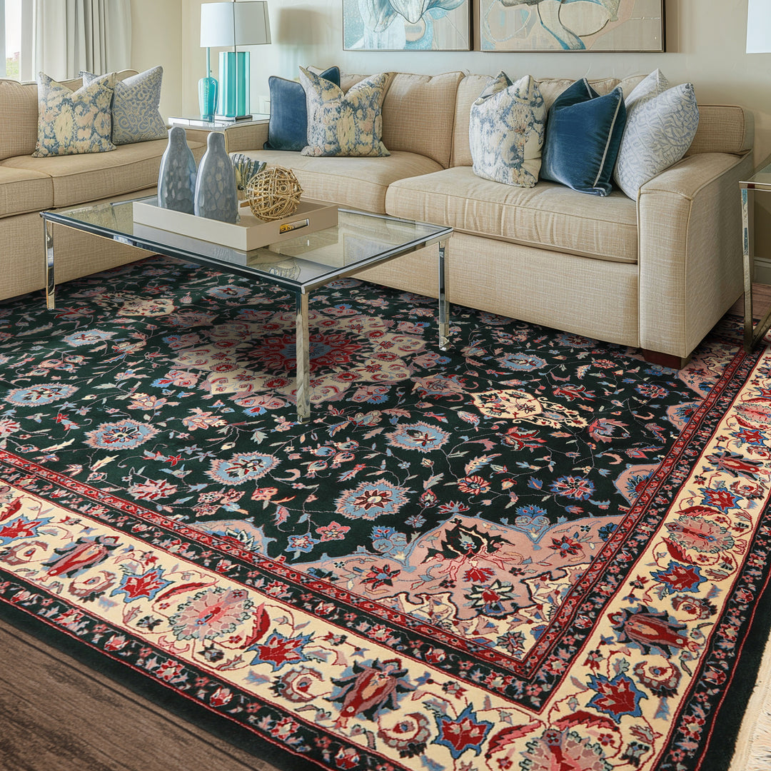 8x10 Dark Green, Ivory, Red Color Hand Knotted Tabriz New Zealand Wool Traditional Oriental Rug