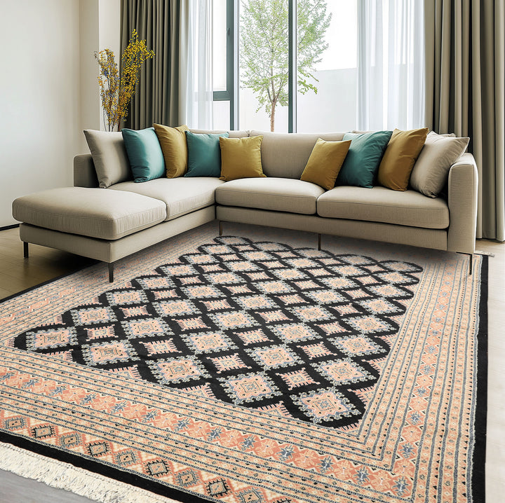 8x10 Black, Peach, Ivory Color Hand Knotted Bokhara Wool Traditional Oriental Rug