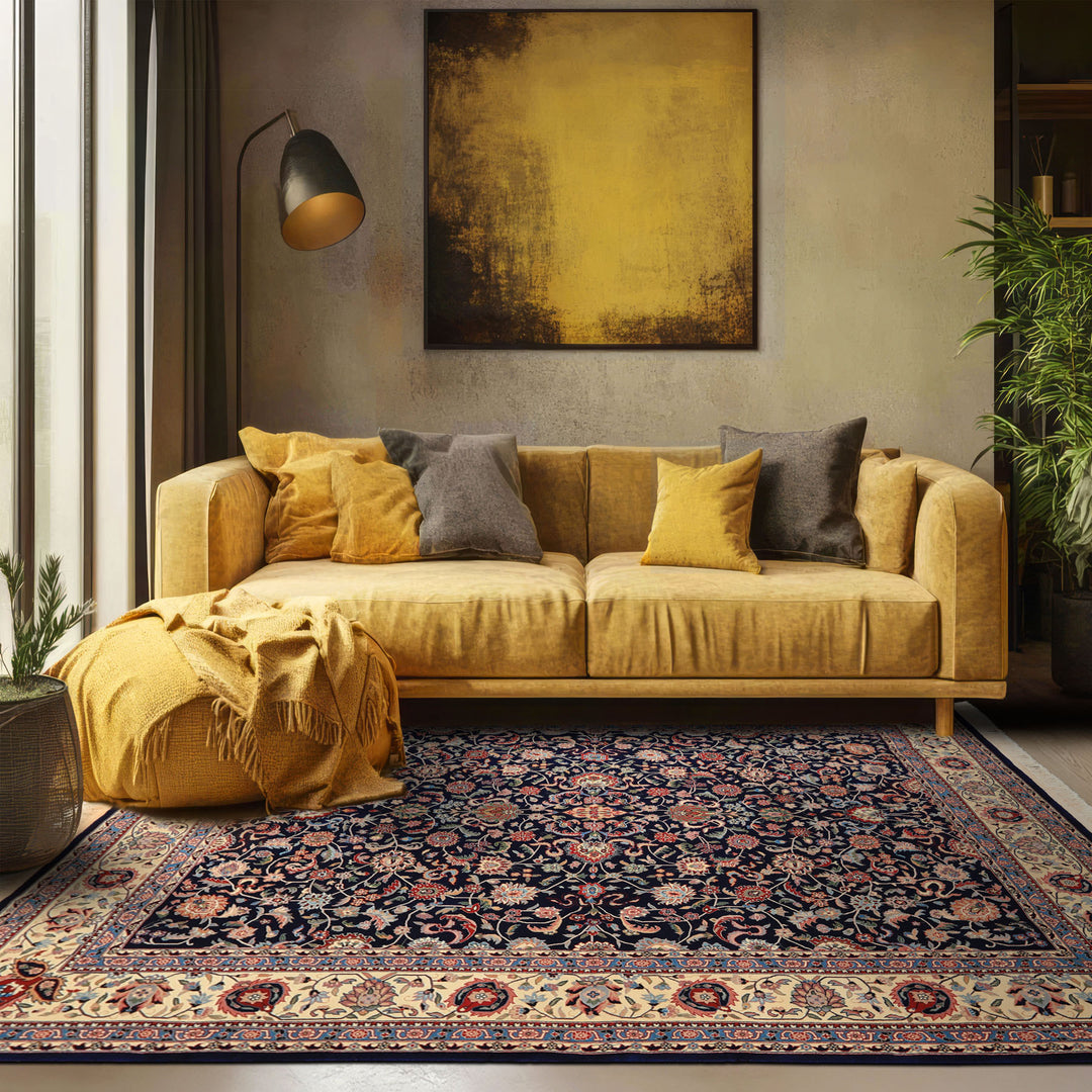 8x10 Navy, Ivory, Red Color Hand Knotted Kashan NZ Wool Traditional Oriental Rug