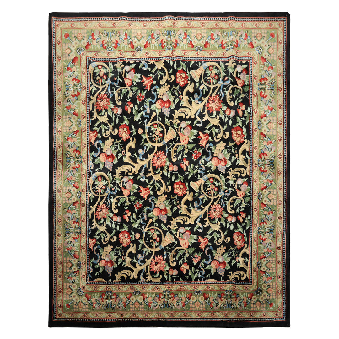 8x10 Black, Mint, Beige Color Hand Knotted French Aubusson Savonnerie Wool Traditional Oriental Rug