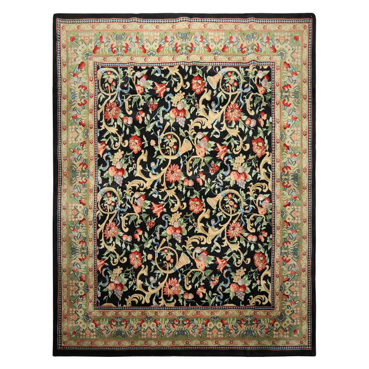 8x10 Black, Mint, Beige Color Hand Knotted French Aubusson Savonnerie Wool Traditional Oriental Rug
