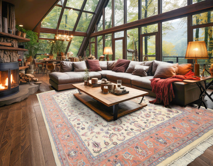 8x10 Ivory, Blush, Blue Color Hand Knotted Kashan Wool Traditional Oriental Rug