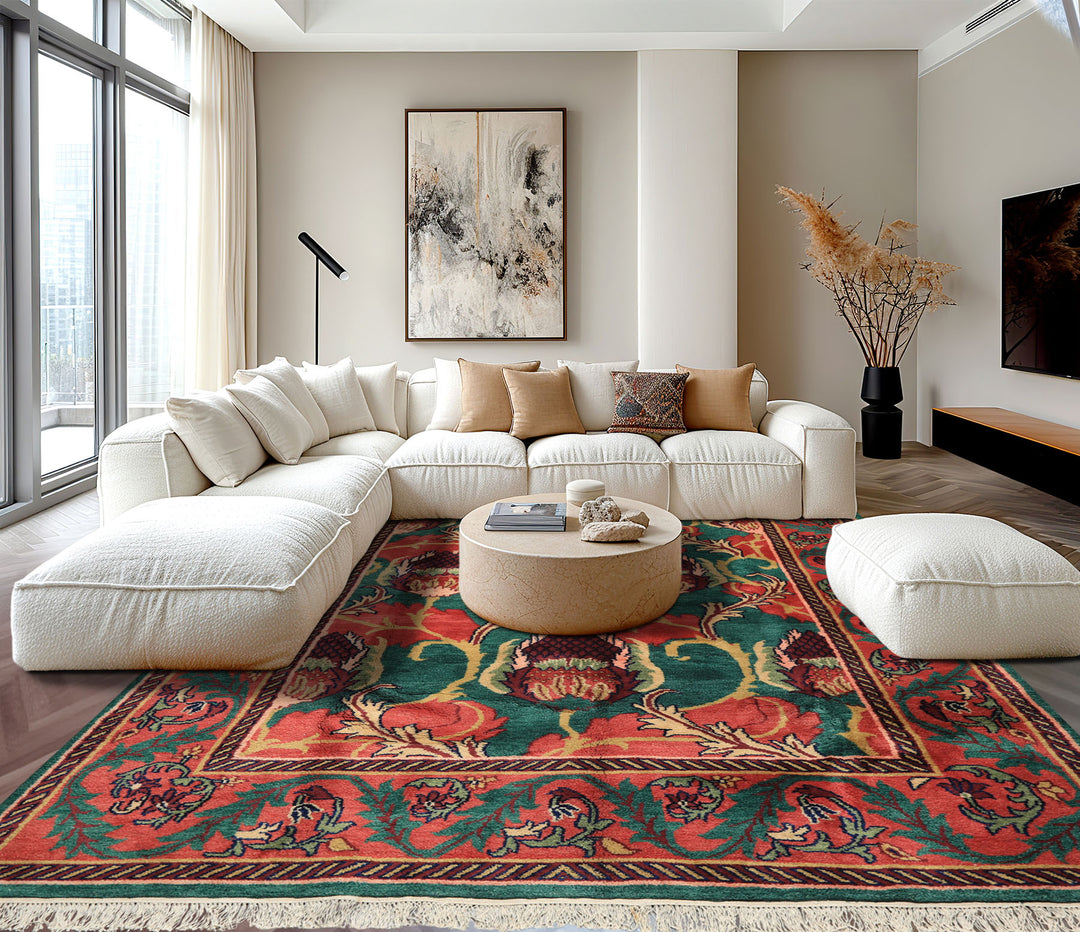 8x10 Teal-Green, Raspberry-Rose, Gold Color Hand Knotted Arts & Crafts Wool Eclectic Oriental Rug