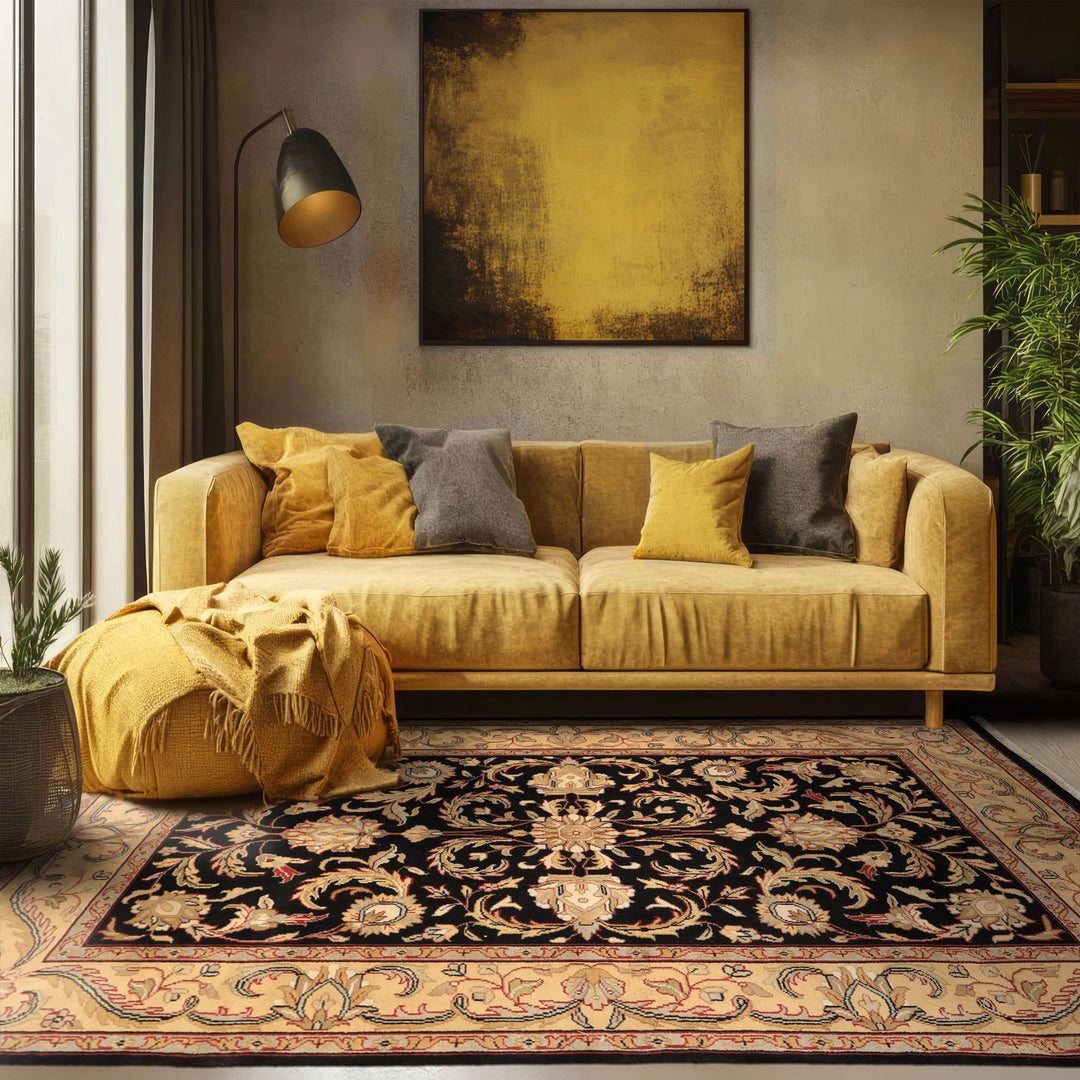 6x9 Black, Warm, Beige Color Hand Knotted Agra Wool Traditional Oriental Rug