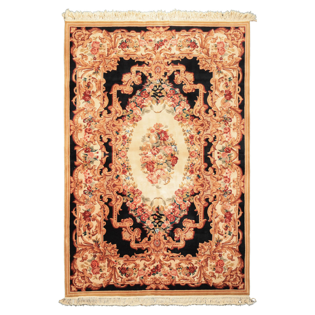 6x9 Ivory, Black, Brown Color Hand Knotted French Aubusson Savonnerie Wool Traditional Oriental Rug