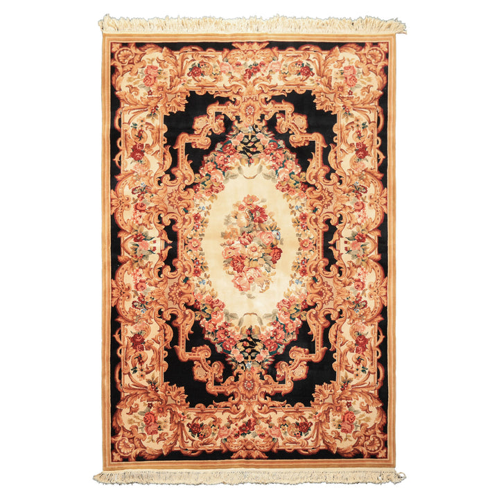 6x9 Ivory, Black, Brown Color Hand Knotted French Aubusson Savonnerie Wool Traditional Oriental Rug