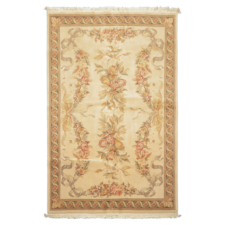 6x9 Ivory, Brown, Taupe Color Hand Knotted French Aubusson Savonnerie Wool & Silk Traditional Oriental Rug