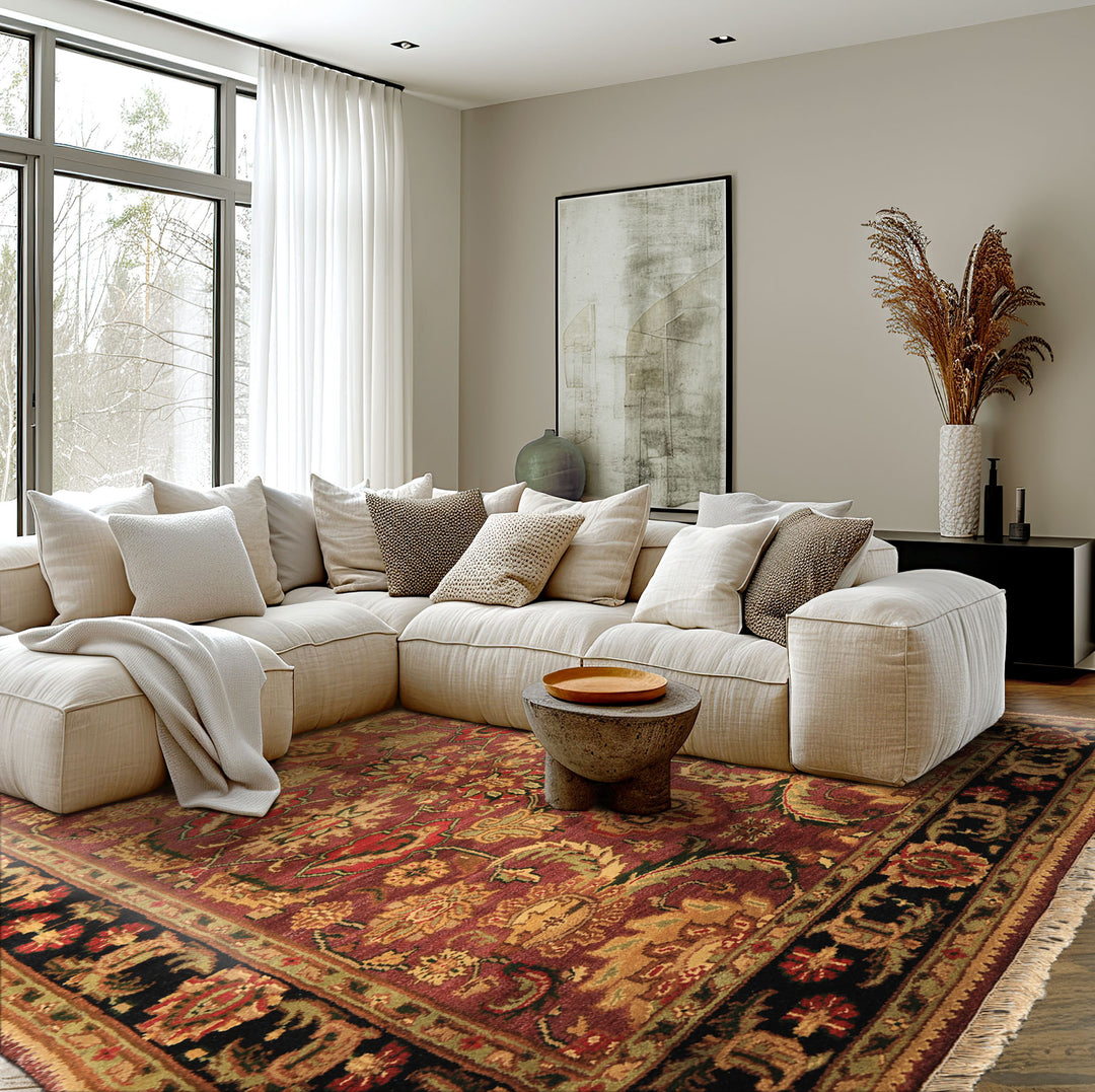 6x9 Plum, Black, Lime Color Hand Knotted Agra Wool Traditional Oriental Rug