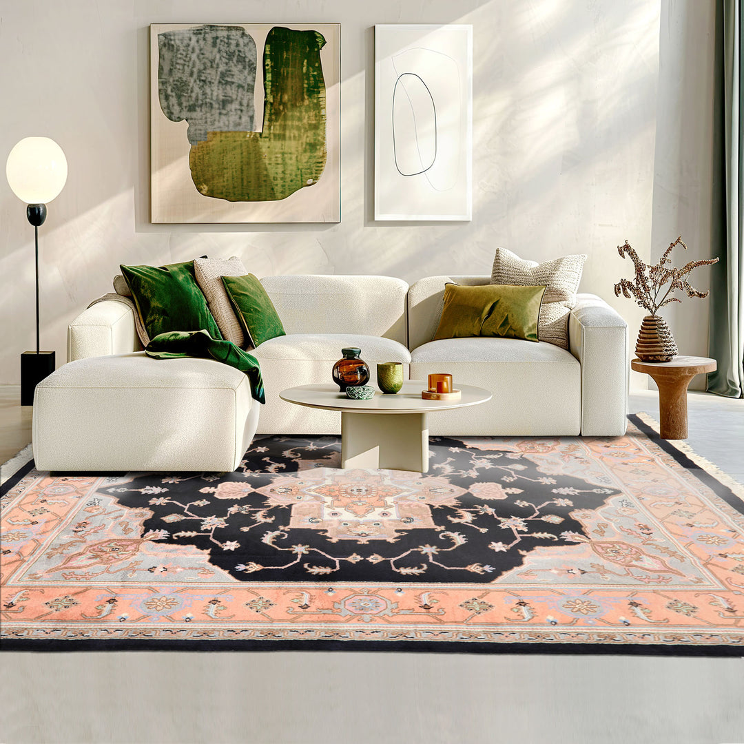 8x10 Black, Peach, Ivory Color Hand Knotted Heriz Wool Traditional Oriental Rug
