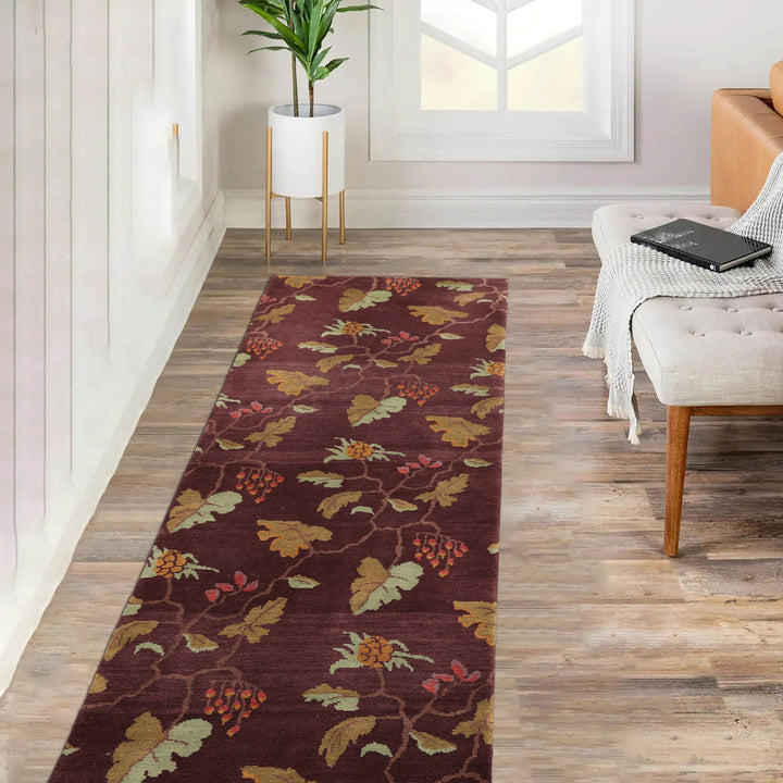 Runner Aubergine, Gold, Mint Color Hand Knotted Tibetan Wool Transitional Oriental Rug