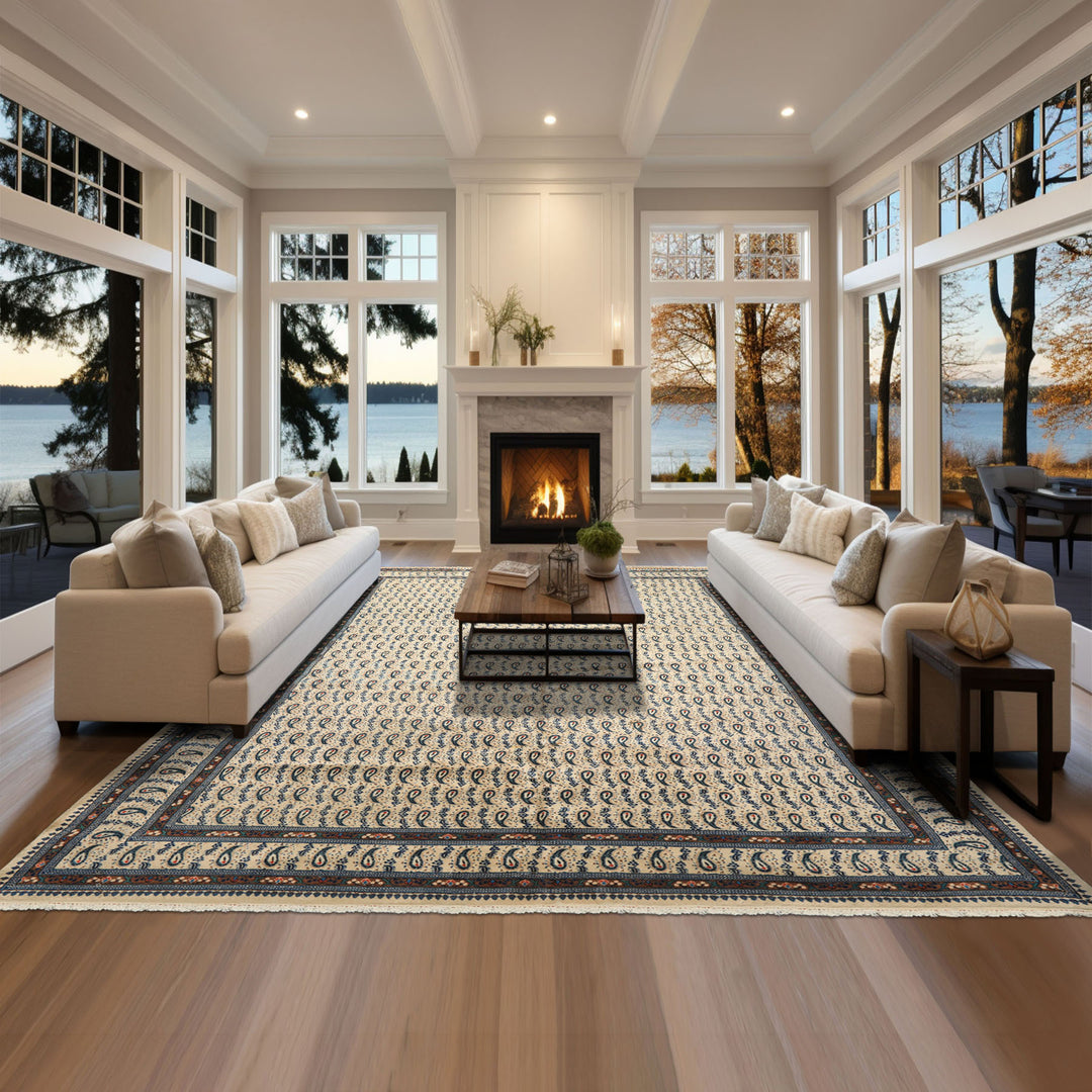 8x11 Ivory, Navy, Brown Color Hand Knotted Serabend Wool Traditional Oriental Rug