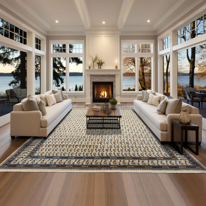 8x11 Ivory, Navy, Brown Color Hand Knotted Serabend Wool Traditional Oriental Rug