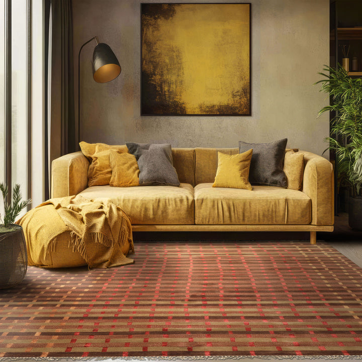 8x10 Raspberry, Rust, Moss Color Hand Knotted Tibetan Wool & Pure Silk Contemporary Oriental Rug