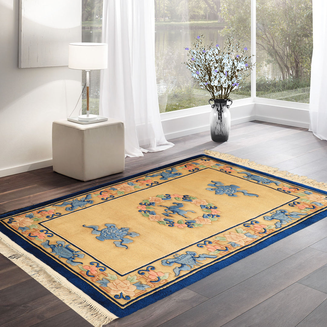 3x5 Gold, Navy, Blush Color Hand Knotted Chinese Art Deco Wool Traditional Oriental Rug