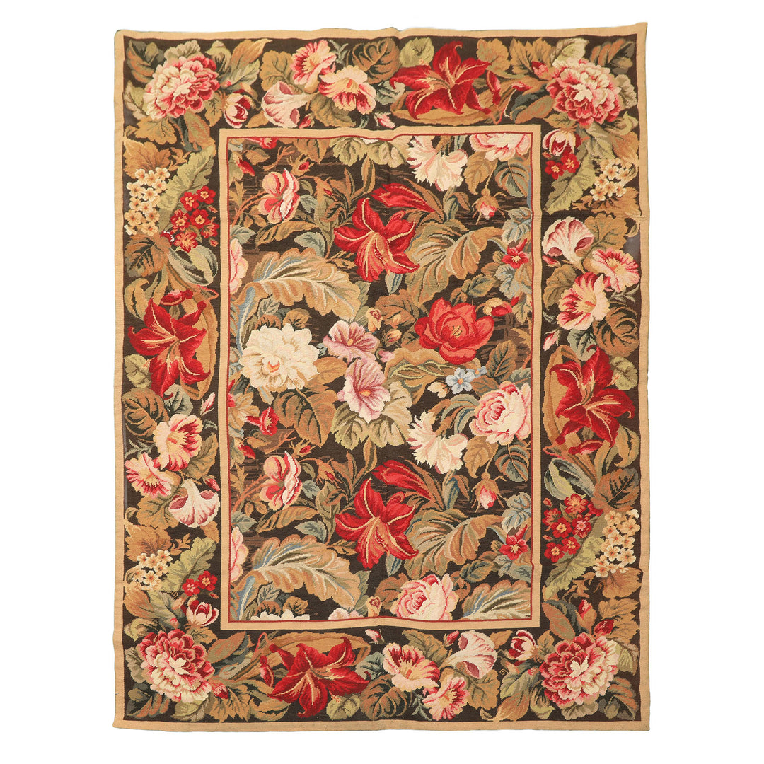 4x6 Green, Gold, Red Color Hand Woven French Aubusson Needlepoint Wool Traditional Oriental Rug