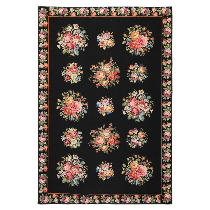 6x9 Black, Ivory, red Color Hand Woven French Aubusson Needlepoint Wool Traditional Oriental Rug