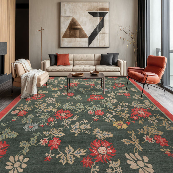 6x9 Celadon, Coral, beige Color Hand Knotted Tibetan Wool Transitional Oriental Rug