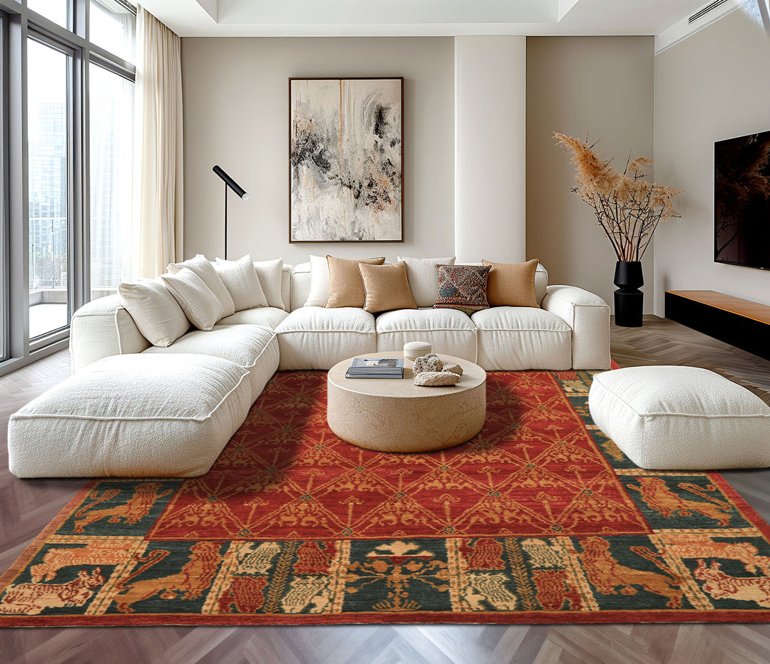 6x9 Rusty Red, Teal, Ivory Color Hand Knotted Tibetan Wool Arts & Crafts Oriental Rug