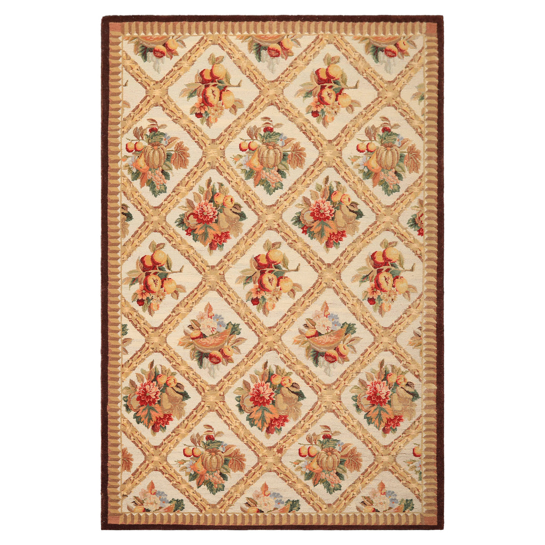 6x9 Ivory, Beige, Tan Color Hand Woven French Aubusson Savonnerie Wool Traditional Oriental Rug