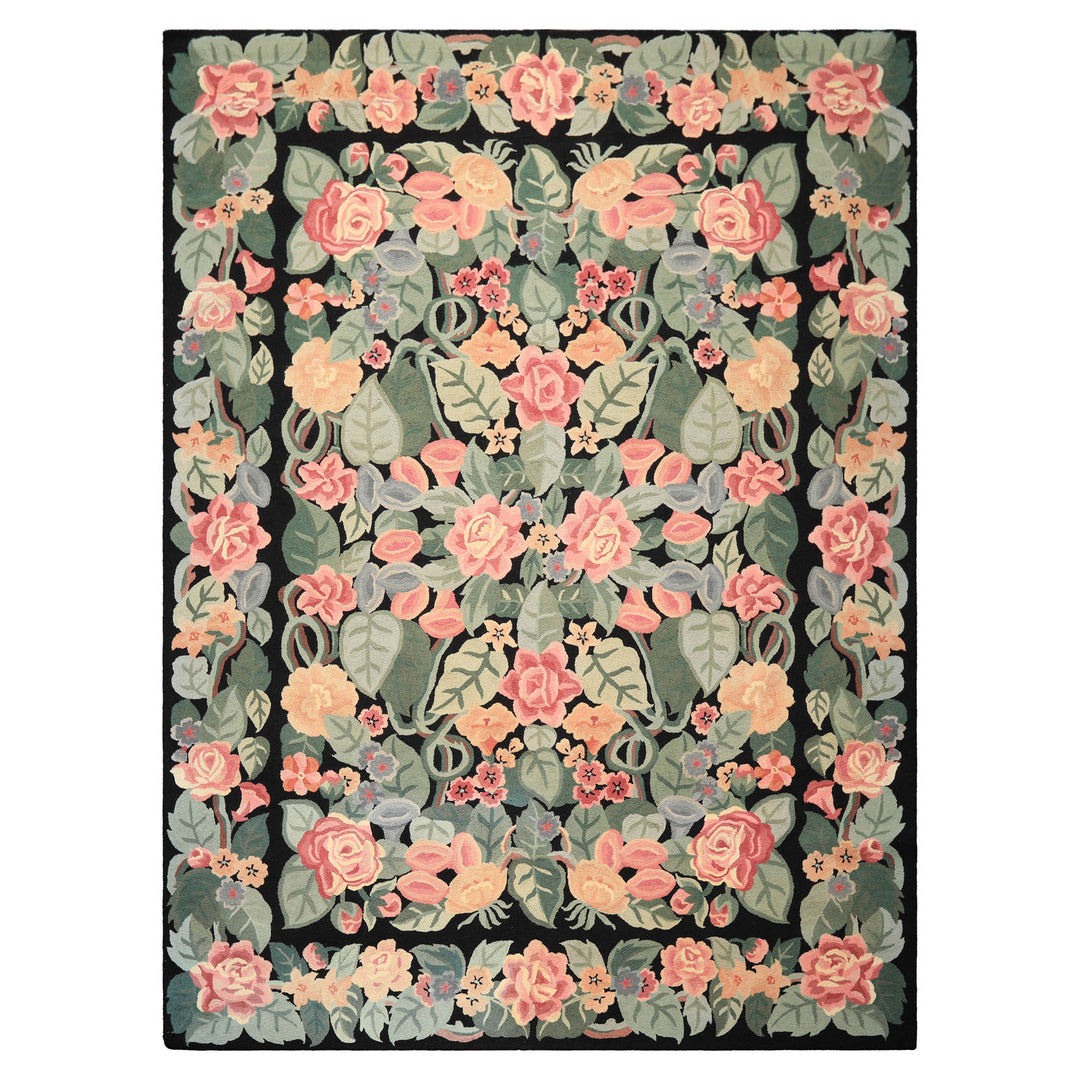8x11 Black, Celadon, Pink Color Hand Woven Hand Hooked Wool Traditional Oriental Rug