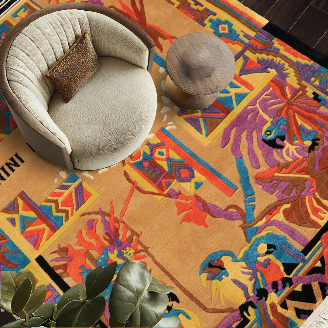 4x6 Tan, Purple, Black Color Hand Knotted Tibetan New Zealand Wool Modern & Contemporary Oriental Rug