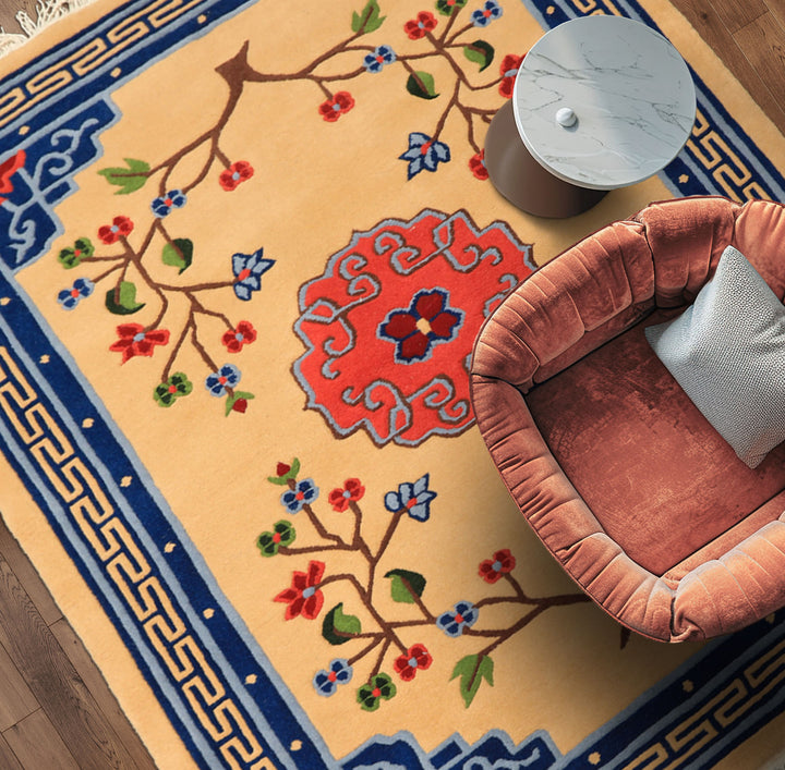 4x6 Tan, Navy, Coral Color Hand Knotted Tibetan Wool Chinese Art Deco Oriental Rug