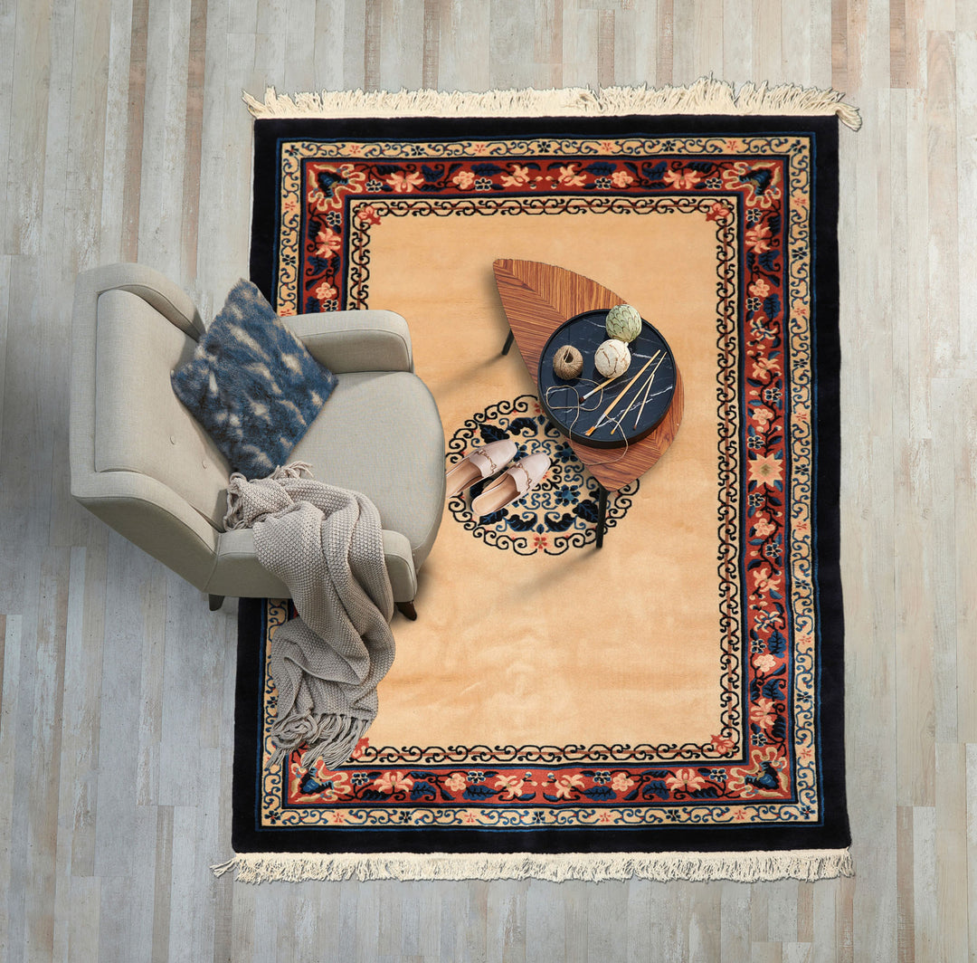 4x6 Light Peach, Caramel, Midnight Color Hand Knotted Chinese Art Deco Wool Traditional Oriental Rug