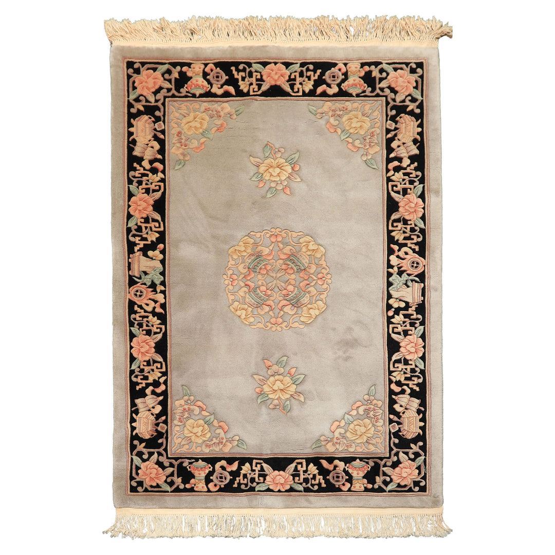 4x6 Gray, Black, Taupe Color Hand Knotted French Aubusson Savonnerie Wool Traditional Oriental Rug