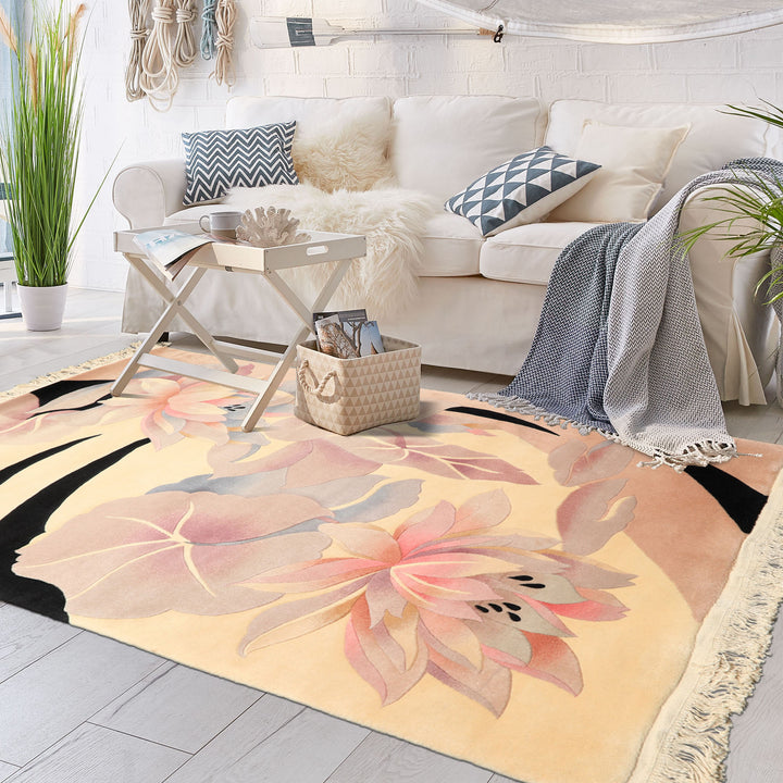 4x6 Ivory, Taupe, Lavender Color Hand Knotted Chinese Art Deco Wool Transitional Oriental Rug