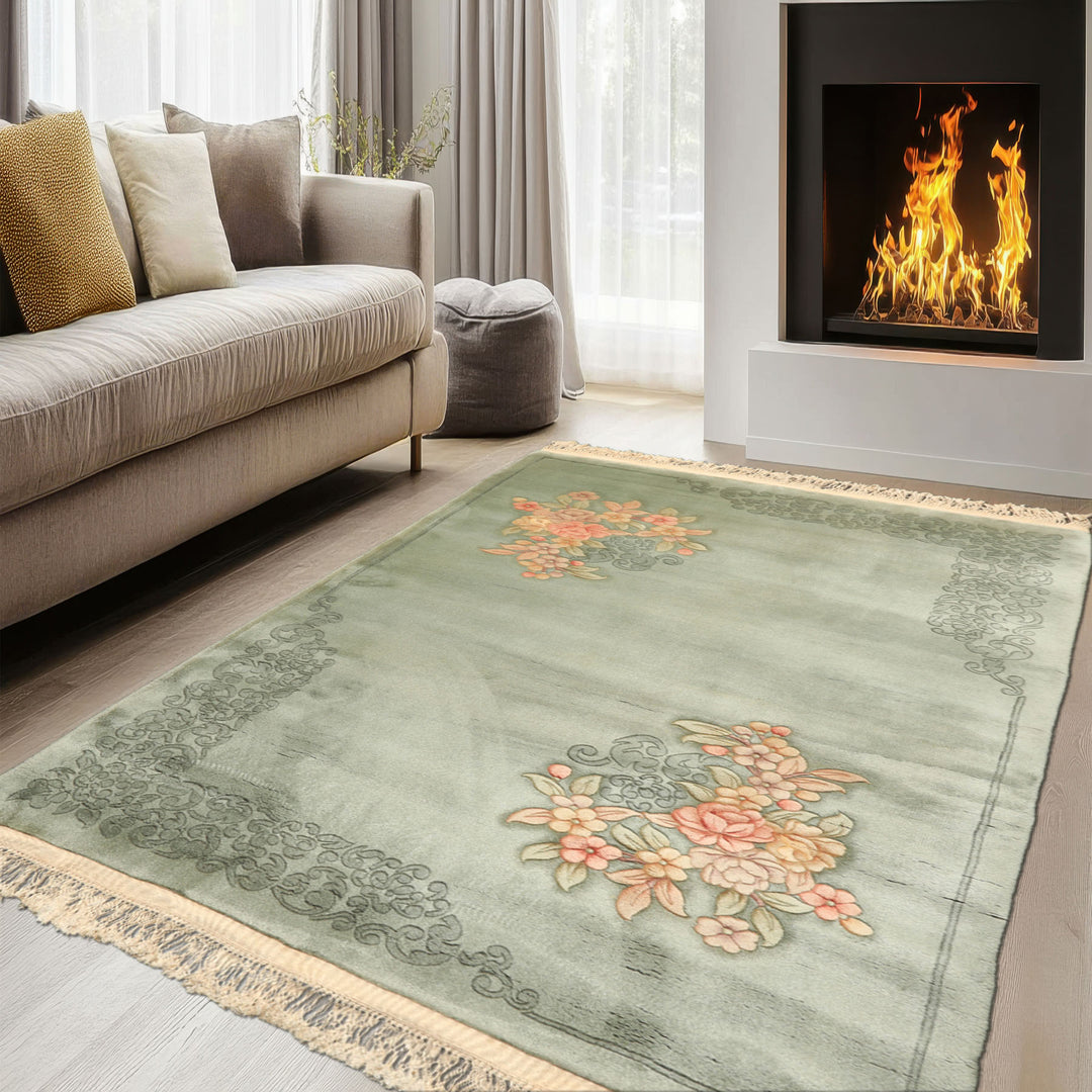 4x6 Celadon, Blush, Gold Color Hand Knotted Chinese Art Deco Wool Traditional Oriental Rug