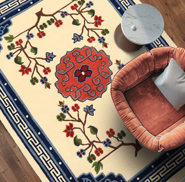 4x6 Ivory, Navy, Green Color Hand Knotted Tibetan Art Deco Wool Traditional Oriental Rug