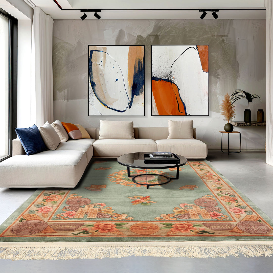 4x6 Celadon, Tan, Caramel Color Hand Knotted Chinese Art Deco Wool Traditional Oriental Rug