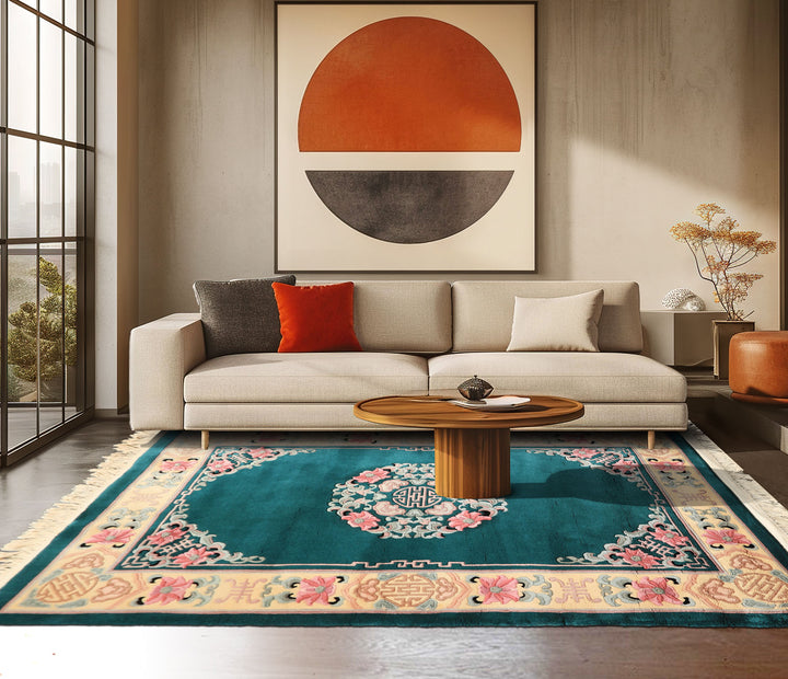 4x6 Emerald, Ivory, Pink Color Hand Knotted Chinese Art Deco Wool Traditional Oriental Rug