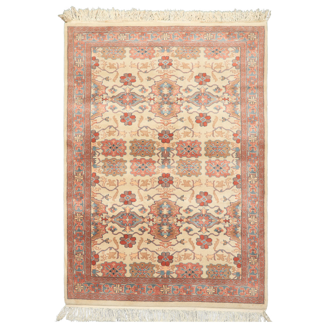 4x6 Ivory, Rose, Brown Color Hand Knotted Indo Kashan New Zealand Wool Traditional Oriental Rug